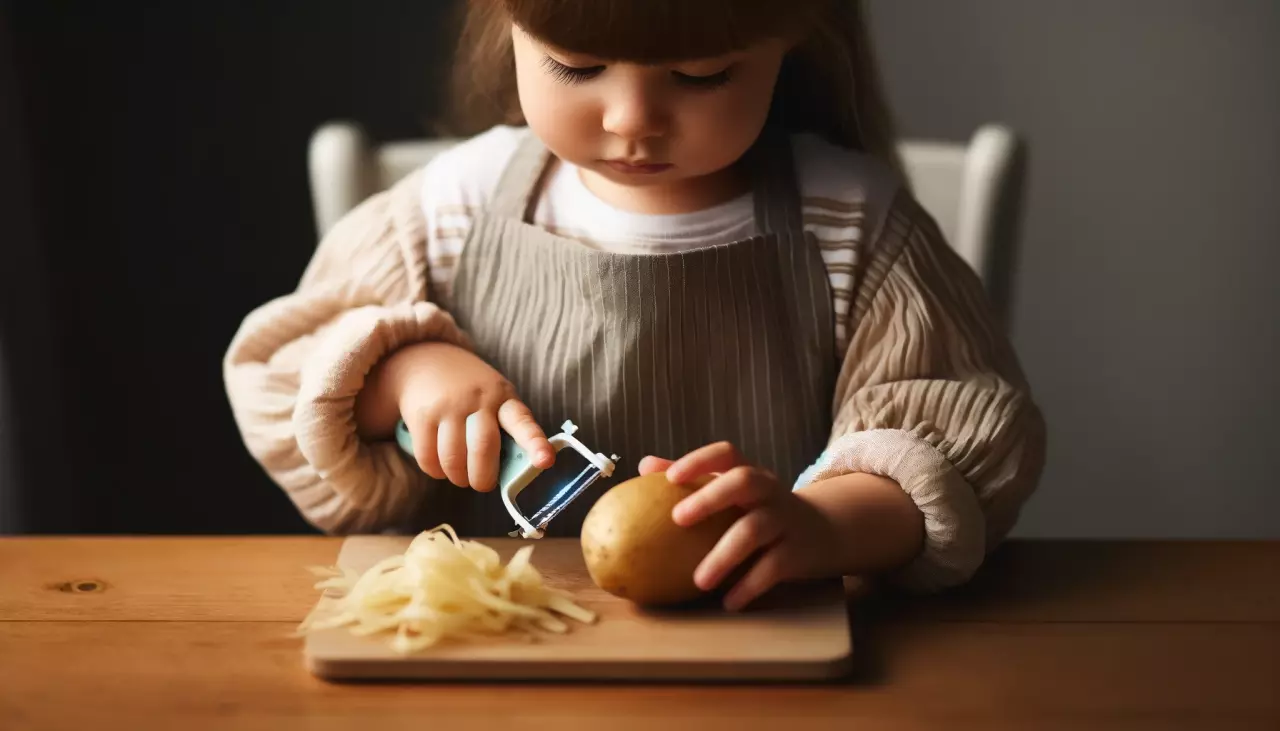 dziewczynka w fartuszku obiera ziemniaki